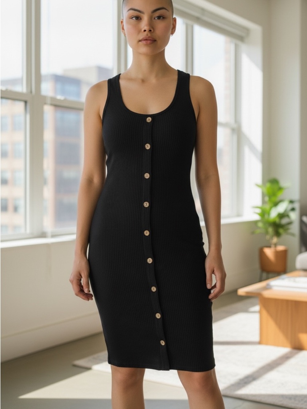 Almost Famous Black Ribbed Button-Front Midi Dress